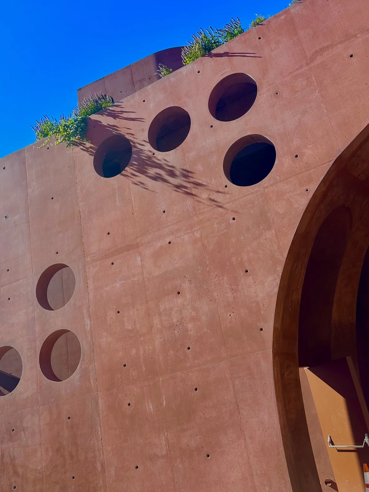 Looking up at a deep red concrete wall pierced with round openings beside a tall arch, with plants spilling over the roof edge against a bright blue sky