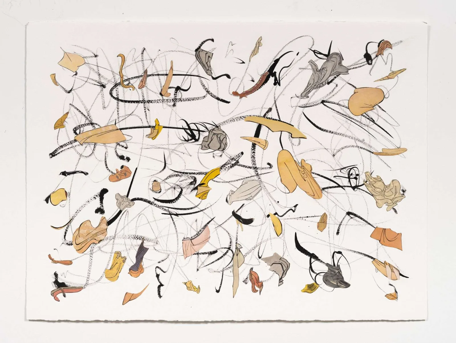 A collage of torn paper in warm autumn oranges, reds and golds that reads like loose, gestural brushstrokes